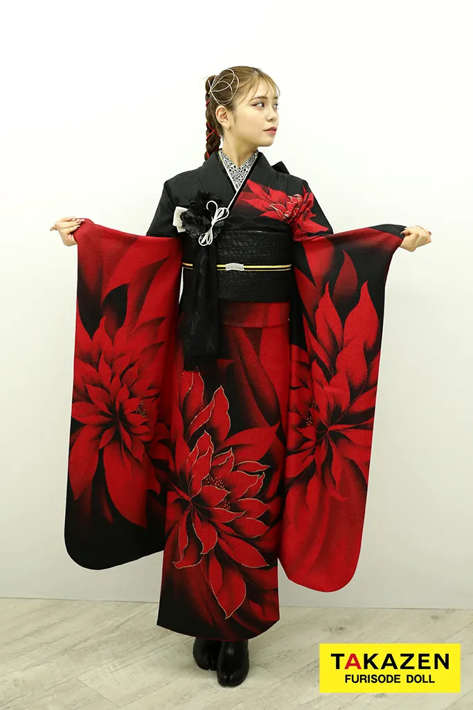 豪華な赤と黒の振袖 成人式 振袖7点セット 振袖フルセット