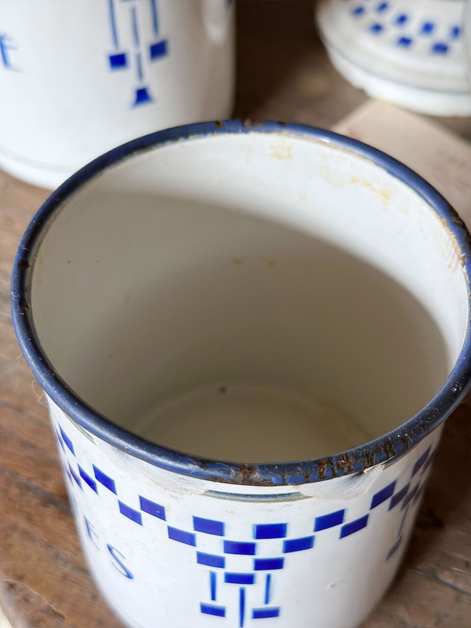 青色 チェック柄 ホーローキャニスター4つセット 琺瑯 エナメル