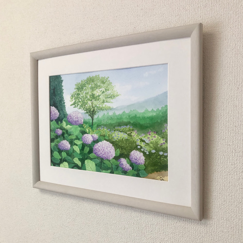 紫陽花の咲く公園」透明水彩画 原画 風景画 額縁付 F4サイズ 絵画 Oni