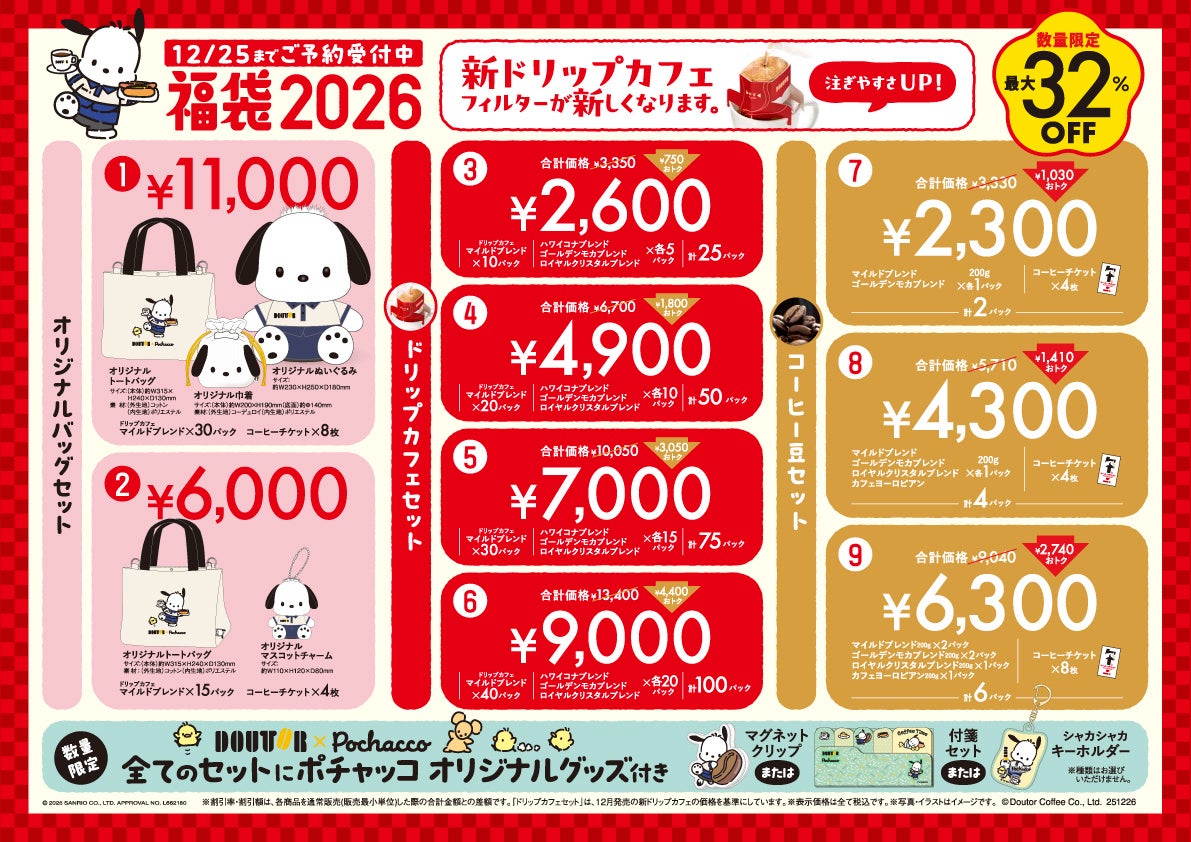 ドトール×ポチャッコ「福袋2026」10月24日より予約開始 オリジナル