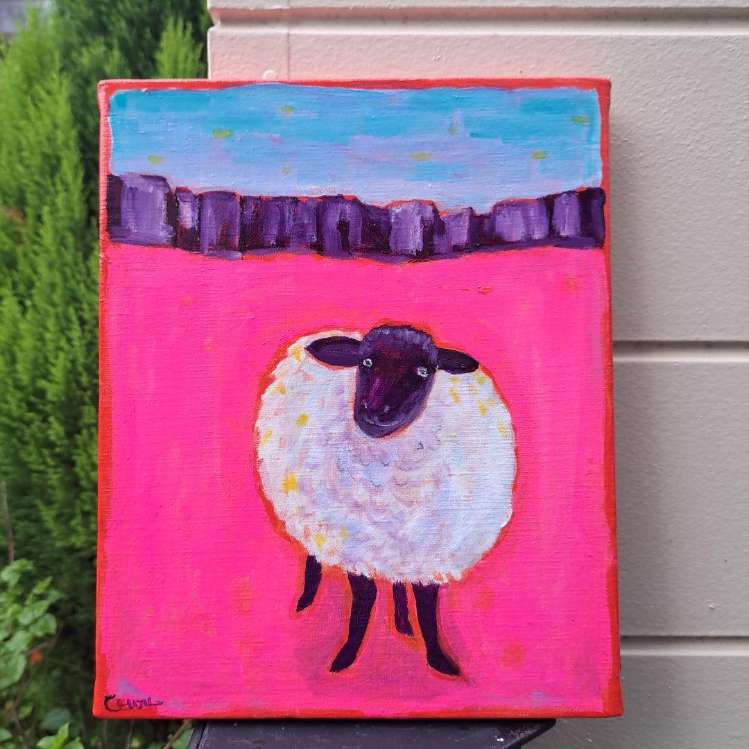 キャンバス油絵 専用 旅をするサフォーク羊 岩山を越えて 小さめキャンバス