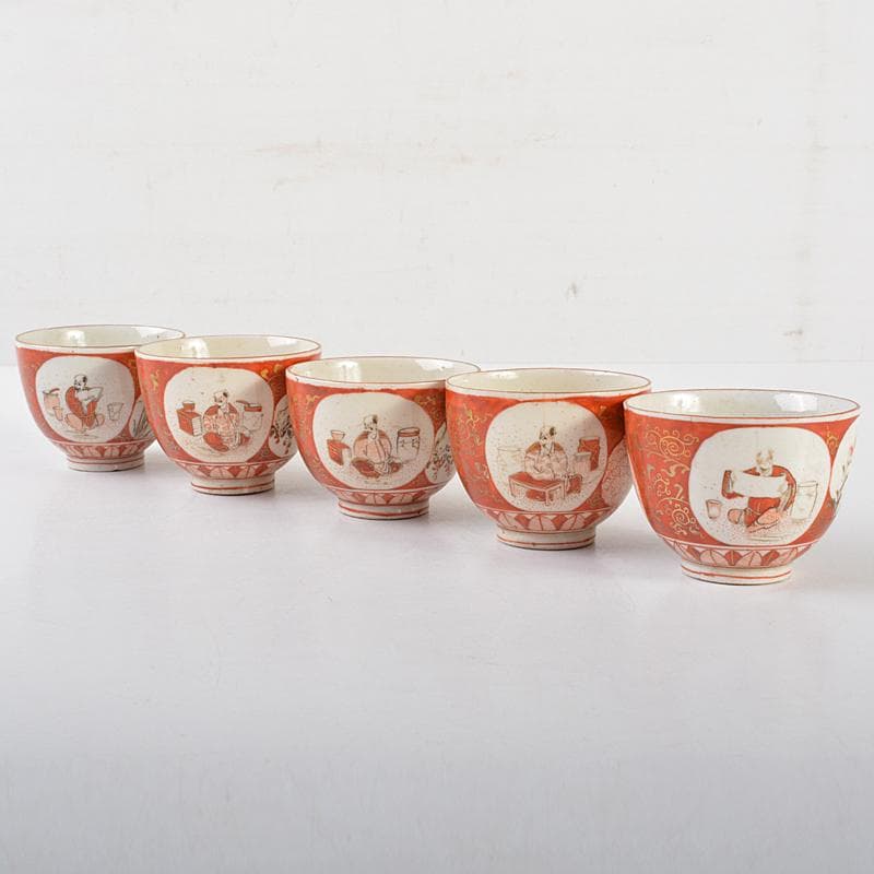 煎茶道具 九谷焼 古九谷 赤絵金彩 椛文 煎茶器 五客 時代箱付 V R6018