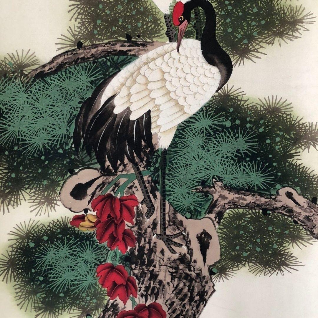 中国画 掛け軸 刘奎龄 鹤立古松 松鶴延年／花鳥画／床の間・茶室・書斎