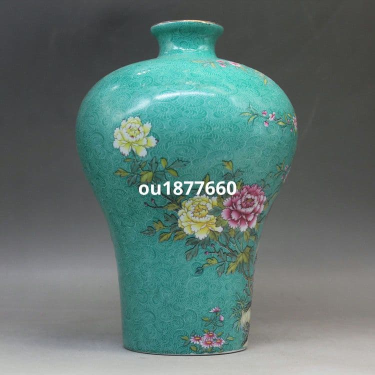 緑地琺瑯彩掻花花鳥梅瓶 景徳鎮 陶磁器 装飾品 現代工芸品 美術品 置物 琺瑯彩花鳥八方梅瓶 景徳鎮 陶磁器 装飾品 現代工芸品 美術