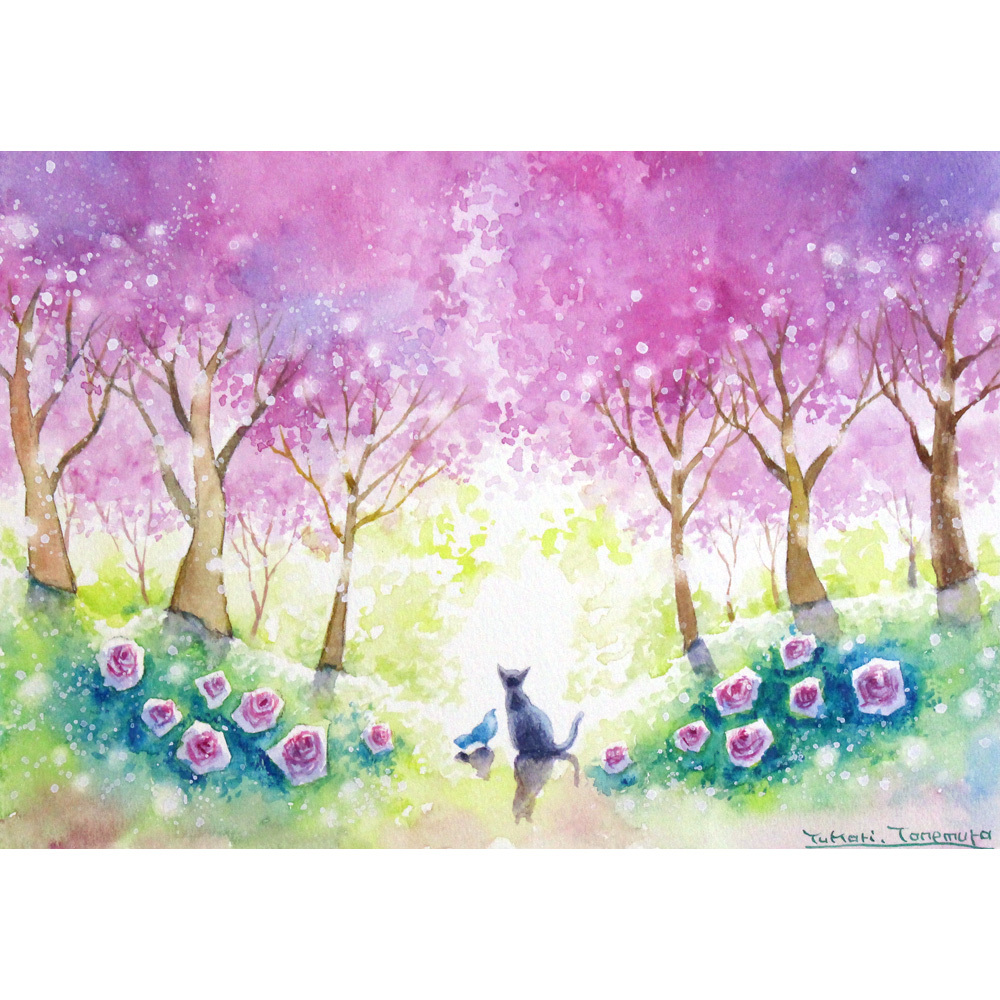 原画】森の中の滝（水彩画/額無し）☆神秘 水 滝 湖 風景画 絵画
